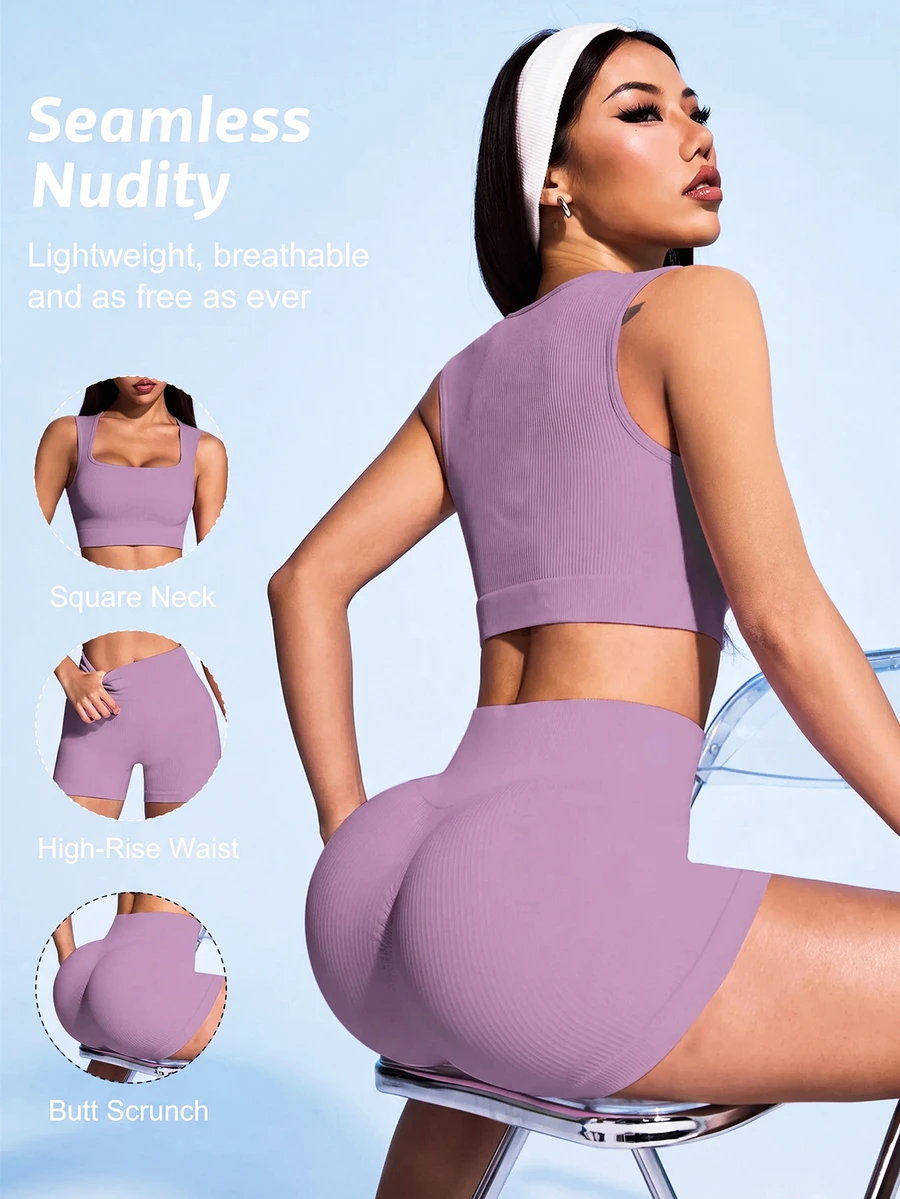 SHEIN Sovereign Charm Solid Color Ribbed Sports Tank Top And Shorts Set For Women - Mauve Purple - View 1
