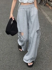 FRIFUL Women's Solid Color Elastic Waist Cutout Wide Leg Pants - Grey - View 5