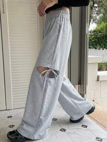 FRIFUL Women's Solid Color Elastic Waist Cutout Wide Leg Pants - Grey - View 8