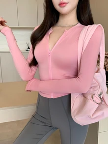 DAZY Women's Round Neck Long Sleeve Open Front Solid Color Fitted Short Street Casual Jacket Summer - Pink - View 4