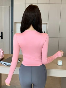 DAZY Women's Round Neck Long Sleeve Open Front Solid Color Fitted Short Street Casual Jacket Summer - Pink - View 3