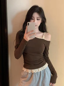 DAZY Women's Contrast Color Lace Trim Asymmetric Neck T-Shirt - Coffee Brown - View 5