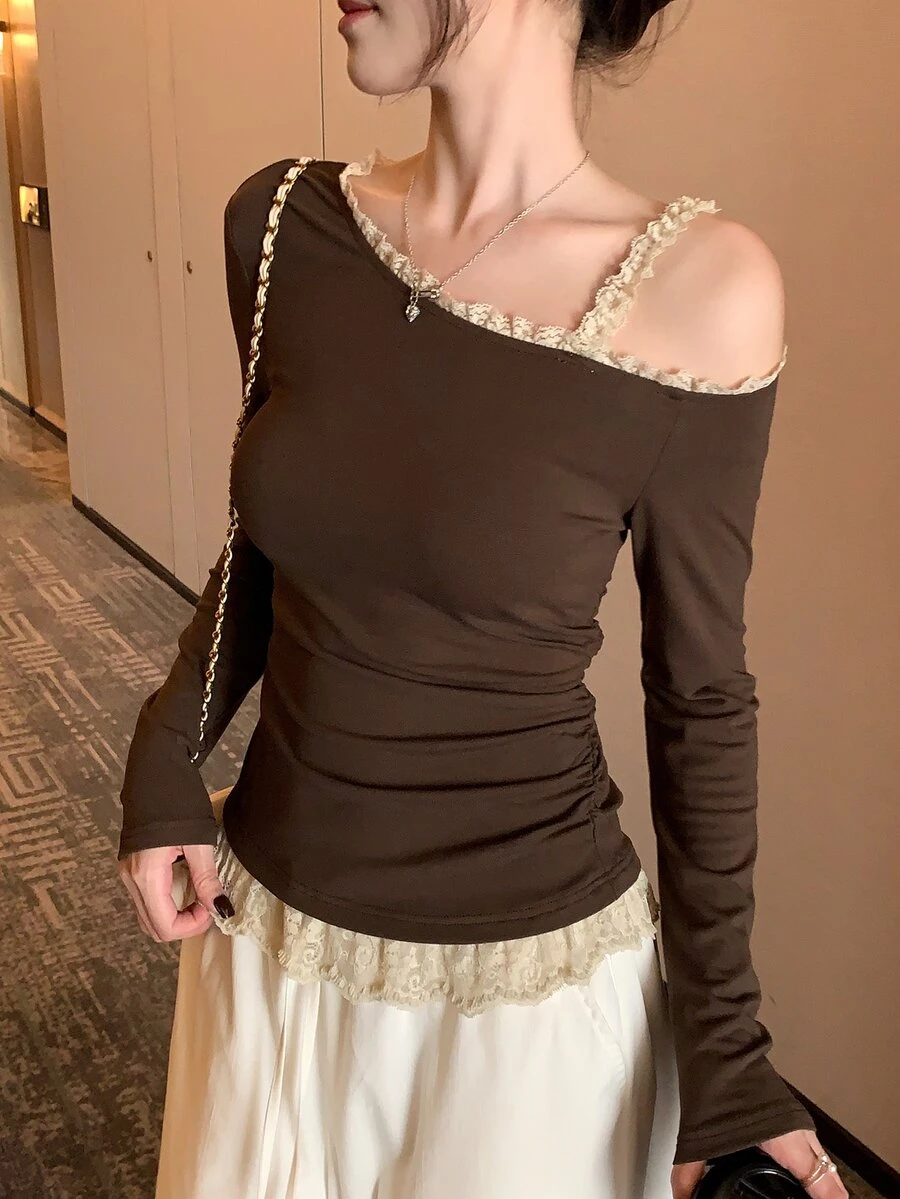DAZY Women's Contrast Color Lace Trim Asymmetric Neck T-Shirt - Coffee Brown - View 1