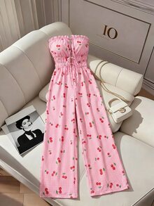 SHEIN LUNE CURVE 大码女式休闲通勤条纹蝴蝶结连体裤，春夏款 - 粉色 - 查看 3