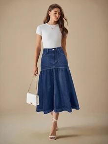 Selenza 女款口袋百褶休閒通勤牛仔裙 - 深色水洗藍 - 查看 4