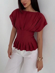 Aloruh 女款優雅通勤圓領套頭休閒條紋短袖襯衫 辦公室酒紅色夏季 - 酒紅色 - 查看 3
