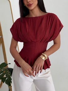 Aloruh 女款優雅通勤圓領套頭休閒條紋短袖襯衫 辦公室酒紅色夏季 - 酒紅色 - 查看 4