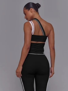 Musera Sport 不對稱細肩帶鏤空腰部條紋設計露背運動上衣，僅上衣，可愛復古 Y2K 風格，適合健身房、皮拉提斯、跑步與日常穿著 - 黑與白 - 查看 2