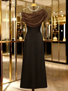 SHEIN Franclia 女款拼色不對稱肩抽繩設計側開衩下擺時尚緊身洋裝，深棕色夏季優雅婚禮晚宴雞尾酒會禮服 - 棕色 - 查看 2