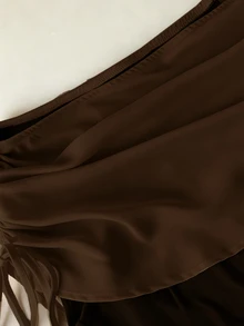 SHEIN Franclia 女款拼色不對稱肩抽繩設計側開衩下擺時尚緊身洋裝，深棕色夏季優雅婚禮晚宴雞尾酒會禮服 - 棕色 - 查看 7