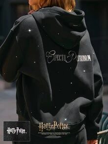 هودي Harry Potter™ X Glowmode Everyday Fleece Expecto Patronum بحجم كبير مزين بالراينستون مع سحاب كامل وجيوب انزلاقية للارتداء اليومي الكاجوال في الصيف - الأسود - مشاهدة 1