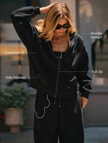 هودي Harry Potter™ X Glowmode Everyday Fleece Expecto Patronum بحجم كبير مزين بالراينستون مع سحاب كامل وجيوب انزلاقية للارتداء اليومي الكاجوال في الصيف - الأسود - مشاهدة 3