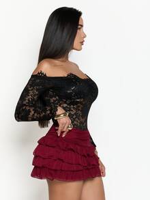 Dania Mndz Shop Women's Fashionable Sexy Multi-Layer Ruffle Hem Mini Skirt, Summer,Valentine's Day - Burgundy - View 4