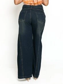 Dania Mndz Shop 女士休闲水洗复古宽腿宽松牛仔裤 - 藍色 - 查看 4
