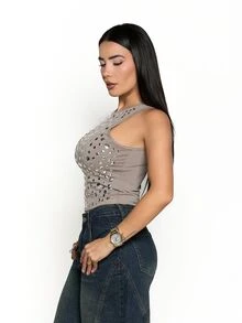 Dania Mndz Shop Women's Y2K Fashionable Round Neck Full Rivet Cutout Shoulder Fitted Club Music Festival Cropped Top,Summer Top - Khaki - View 6