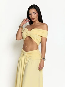 Dania Mndz Shop 女士黄色针织裹身上衣和中低腰鱼尾裙两件套，优雅黄色两件套，适合海滩度假、鸡尾酒会、周末聚会 - 黃色 - 查看 5