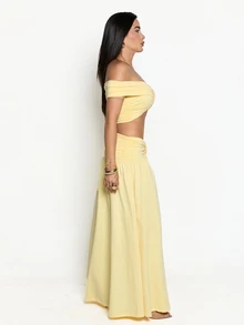 Dania Mndz Shop 女士黄色针织裹身上衣和中低腰鱼尾裙两件套，优雅黄色两件套，适合海滩度假、鸡尾酒会、周末聚会 - 黃色 - 查看 6