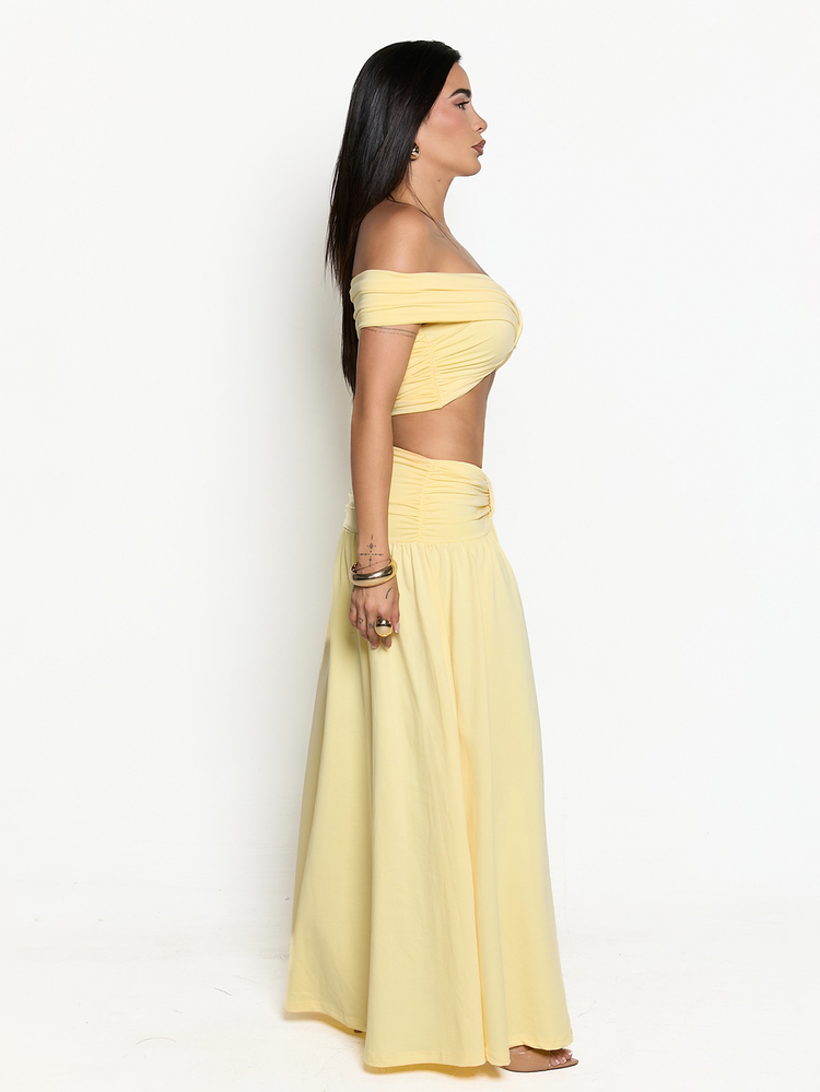 Dania Mndz Shop 女士黄色针织裹身上衣和中低腰鱼尾裙两件套，优雅黄色两件套，适合海滩度假、鸡尾酒会、周末聚会 - 黃色 - 查看 6