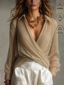 SHEIN Solid Criss Cross Sheer Blouse - Khaki - View 4