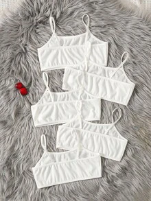 SHEIN 女童春/夏細肩帶上衣與短褲套裝，純色羅紋多色細肩帶上衣與短款內搭褲 2 件套，四季皆宜 - 白色 - 查看 5