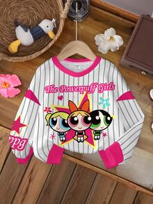 THE POWERPUFF GIRLS X SHEIN Young Girls Striped Cartoon Print Sweatshirt - White - View 1