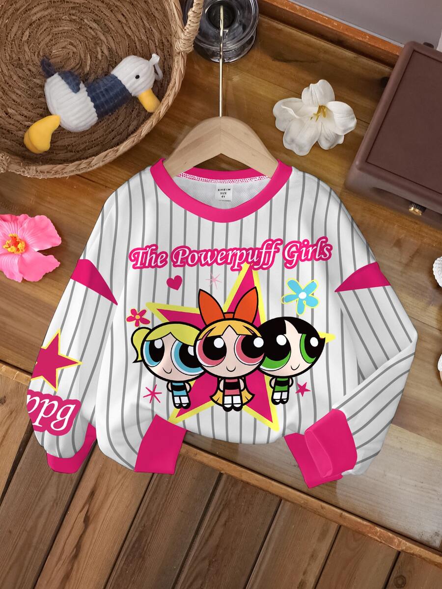 THE POWERPUFF GIRLS X SHEIN Young Girls Striped Cartoon Print Sweatshirt - White - View 1