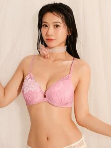 DelicateAllure Pink Underwire Molded Cup Comfy Balconette Push Up High Support Lifting Lace Patchwork Floral Romantic Pure Women's Bra - Pink - View 3