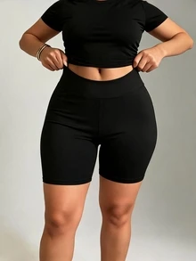 SHEIN SXY 大码高腰基本款日常休闲运动黑色骑行紧身短裤 - 黑色 - 查看 4