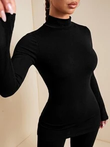 Radiana 女款純色立領長袖上衣與內搭褲休閒日常兩件套 - 黑色 - 查看 3