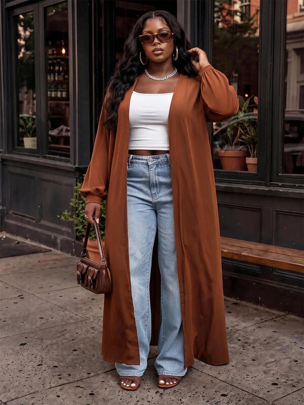 Slaydiva Plus Size Women's Solid Color Long Sleeve Long Open Front Casual Jacket Fall