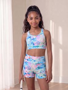 SHEIN Tween Girls Floral Print Workout Set With Racerback Mesh Panels Sports Bra And High Waisted Athletic Running Shorts 2 Piece Yoga Activewear - Blue - View 2