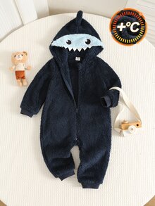 Newborn Baby Boy Cute Autumn/Winter Deep Blue Fuzzy Romper - Multicolor - View 6