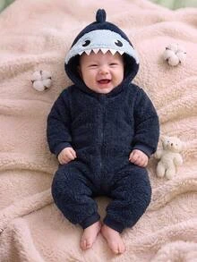Newborn Baby Boy Cute Autumn/Winter Deep Blue Fuzzy Romper - Multicolor - View 4