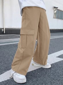 兒童小男孩休閒運動日常舒適街頭風百搭灰色工裝直筒長褲，適合春夏秋冬 - 卡其色 - 查看 5