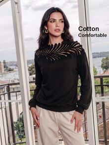 Anewsta Women's Solid Color Casual Versatile Daily Long Sleeve Sweatshirt - Black - View 6