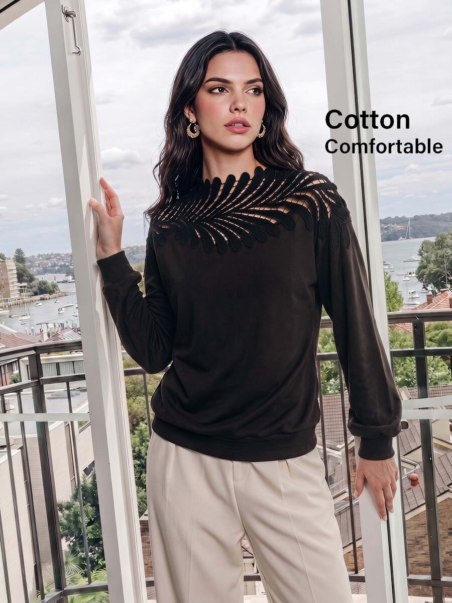 Anewsta Women's Solid Color Casual Versatile Daily Long Sleeve Sweatshirt - Black - View 1