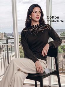 Anewsta Women's Solid Color Casual Versatile Daily Long Sleeve Sweatshirt - Black - View 5