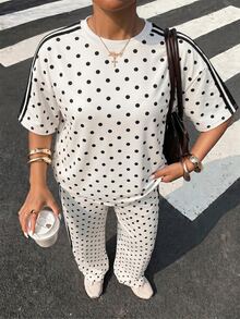 Muchica 2件組女款寬鬆圓點撞色條紋圓領落肩短袖T恤與彈性腰撞色條紋圓點長褲，秋季運動圓點套裝，秋冬休閒套裝，新年穿搭，聖誕睡衣，棕色，短袖長褲2件組，女款舒適秋季2件組 - 彩色 - 查看 5