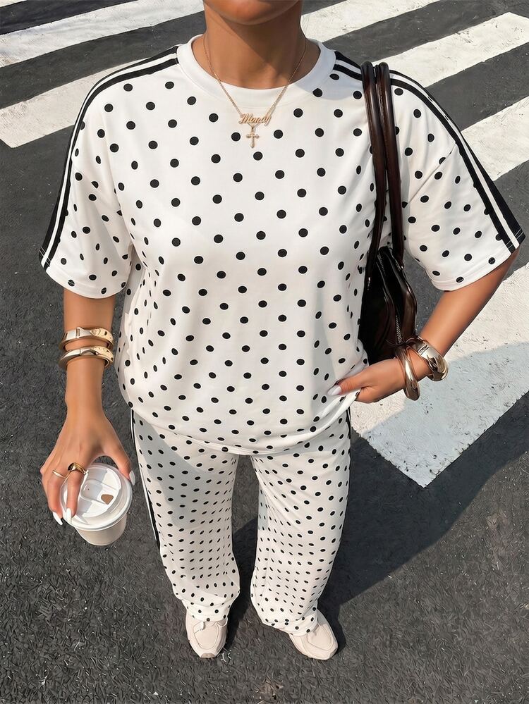 Muchica 2pcs/Set Women's Loose White With Black Polka Dots Colorblock Crew Neck Dropped Shoulder Short Sleeve T-Shirt And Elastic Waist Long Pants Summer - Multicolor - View 5