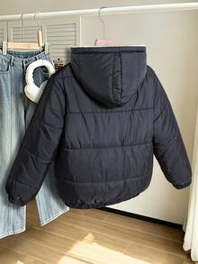 SHEIN 青少年女孩冬季外套 女孩夾棉外套 抓絨內裡 寬鬆版型 防寒保暖 - 黑色 - 查看 6