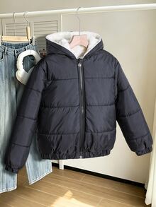 SHEIN 青少年女孩冬季外套 女孩夾棉外套 抓絨內裡 寬鬆版型 防寒保暖 - 黑色 - 查看 4