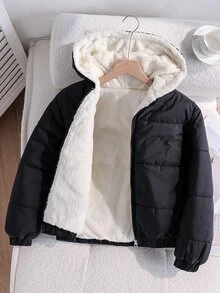 SHEIN 青少年女孩冬季外套 女孩夾棉外套 抓絨內裡 寬鬆版型 防寒保暖 - 黑色 - 查看 9