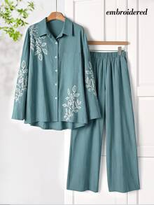 Rusticease 女款休閒植物刺繡長袖上衣與長褲套裝 - 霧霾藍 - 查看 5