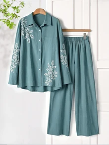 Rusticease 女款休閒植物刺繡長袖上衣與長褲套裝 - 霧霾藍 - 查看 6
