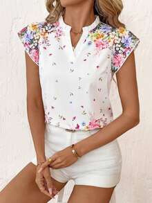 SHEIN Clasi 女款缺口V領花卉印花休閒百搭日常出遊襯衫 - 彩色 - 查看 5