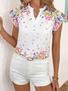 SHEIN Clasi 女款缺口V領花卉印花休閒百搭日常出遊襯衫 - 彩色 - 查看 6