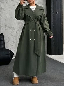 SHEIN EZwear 大尺碼女款雙排扣休閒秋冬軍綠色長款風衣 - 綠色 - 查看 2
