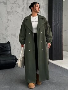 SHEIN EZwear 大尺碼女款雙排扣休閒秋冬軍綠色長款風衣 - 綠色 - 查看 4
