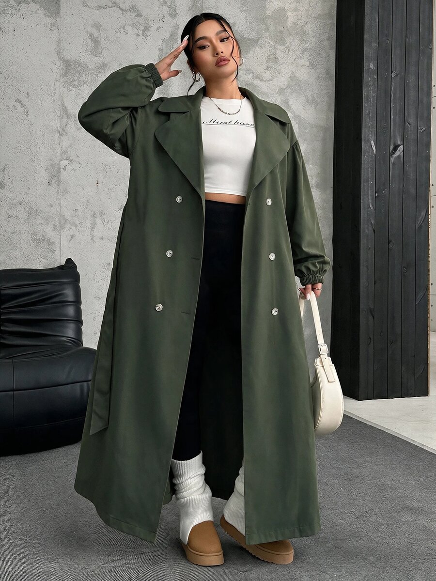 SHEIN EZwear 大尺碼女款雙排扣休閒秋冬軍綠色長款風衣 - 綠色 - 查看 1