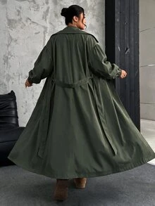 SHEIN EZwear 大尺碼女款雙排扣休閒秋冬軍綠色長款風衣 - 綠色 - 查看 3